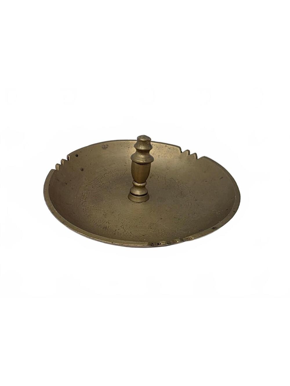 Vintage Brass Ashtray with Center Handle Engraved Leaf Design 4 Inch